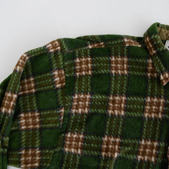 Vintage  90's Raw Materials Green & Brown Checker Print Fleece Button Up Shacket - Picture 9 of 12